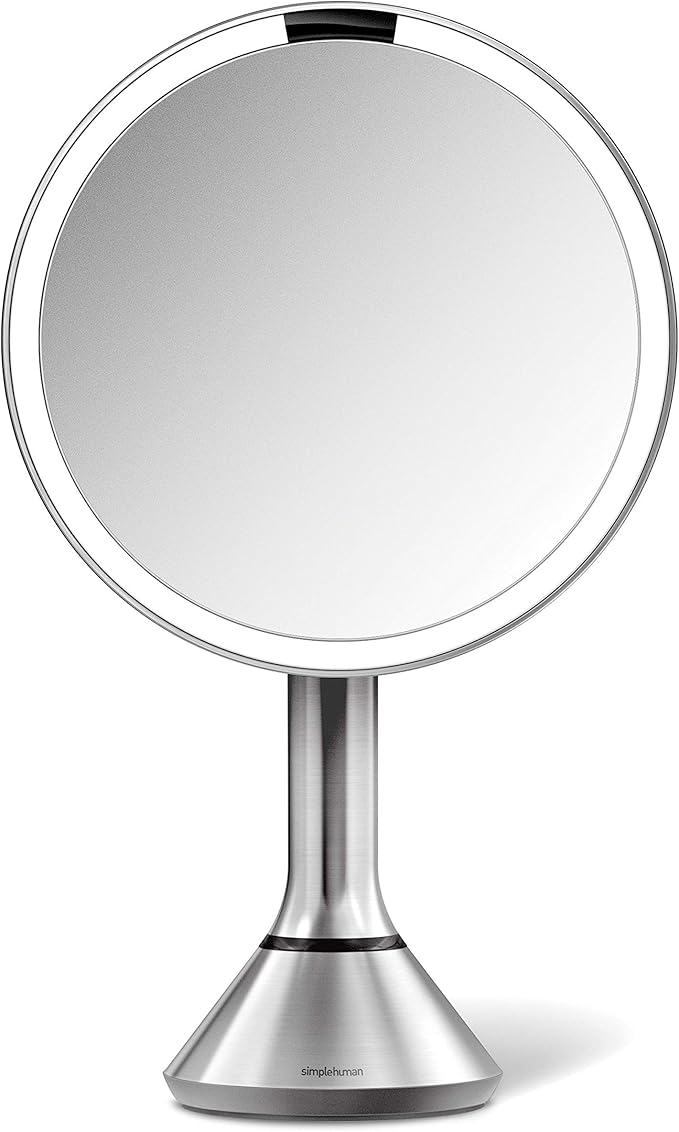 simplehuman Floor Mount 8" Round Sensor Makeup Mirror with Touch-Control Brightness, 5X Magnification, Rechargeable and Cordless, Brushed Stainless Steel