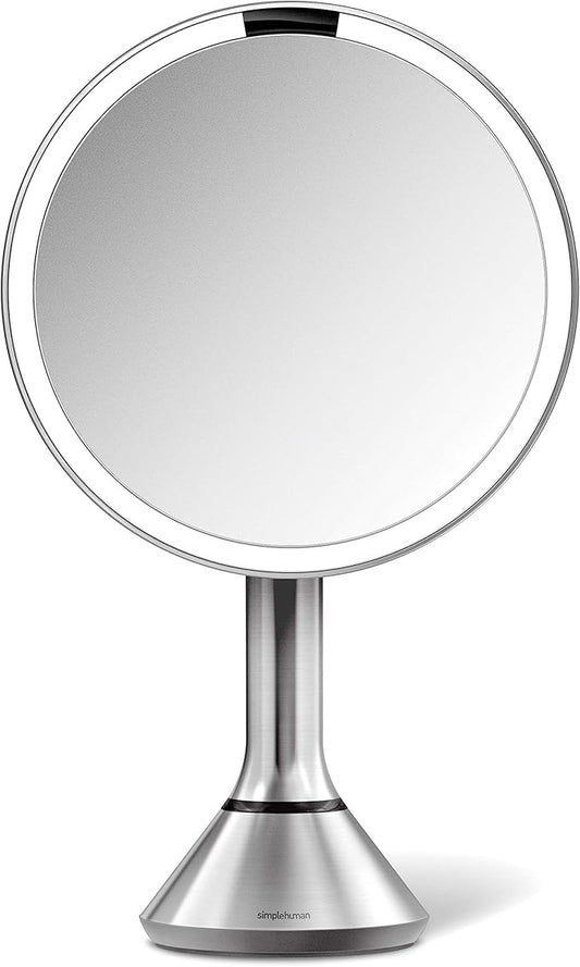 simplehuman Floor Mount 8" Round Sensor Makeup Mirror with Touch-Control Brightness, 5X Magnification, Rechargeable and Cordless, Brushed Stainless Steel
