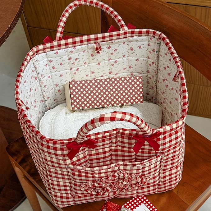 Quilted Fabric Basket Car Storage Basket Boho Floral Laundry Hamper for Nursery Bedroom & Living Room | Organize Clothes Toys (Red Gingham Check)