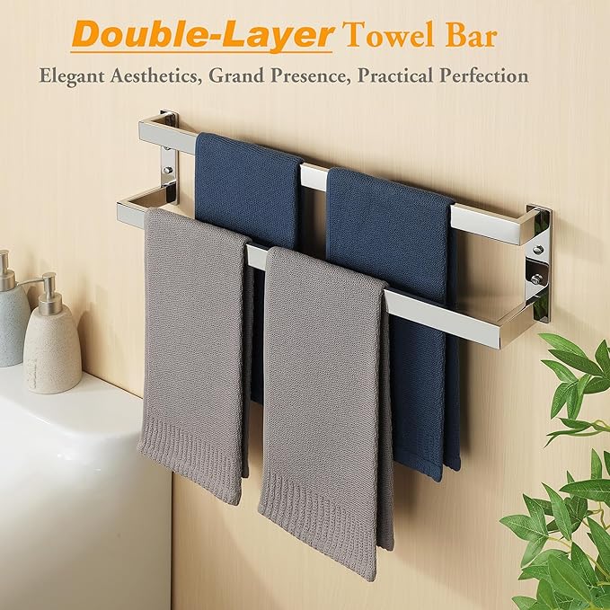Alise Double Towel Bar, 24" Towel Racks for Bathroom Wall Mounted SUS304 Stainless Steel, Heavy Duty Bathroom Towel Holder, Quick Drying Towel Hanger, Polished Chrome
