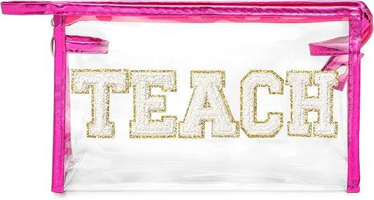 CY2SIDE TEACH Clear Makeup Bag - White TEACH Letter Patch Cosmetic Bag with Handle for Travel PVC Zipper Clear Toiletries Waterproof Portable Travel Organizer Teacher Appreciation Gifts, Rose