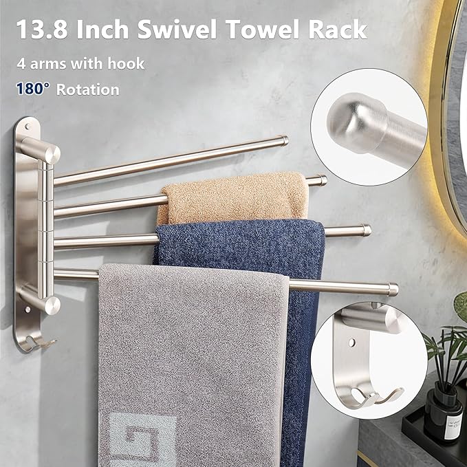 NearMoon 5 Pieces Bath Hardware Set, Include Swivel Towel Rack, Hand Towel Ring, Toilet Paper Holder and 2 Robe Towel Hooks, Stainless Steel Bathroom Accessories Wall Mounted (Brushed Nickel)