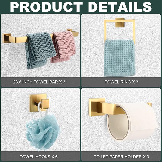 Gisafai 15 Pcs Gold Bathroom Hardware Accessories Set 23.6 Inch Bath Towel Bar Kit Stainless Steel Bathroom Hardware Set Towel Racks Ring Robe Hooks Paper Holder for Wall Mounted