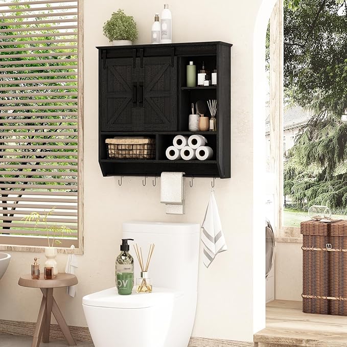 RUSTOWN Farmhouse Bathroom Wall Cabinet,3-Tier Rustic Wood Wall Mounted Cabinets,Vintage Medicine Cabinet with Sliding Barn Door and Adjustable Shelves,Over The Toilet Storage Cabinet (Black)