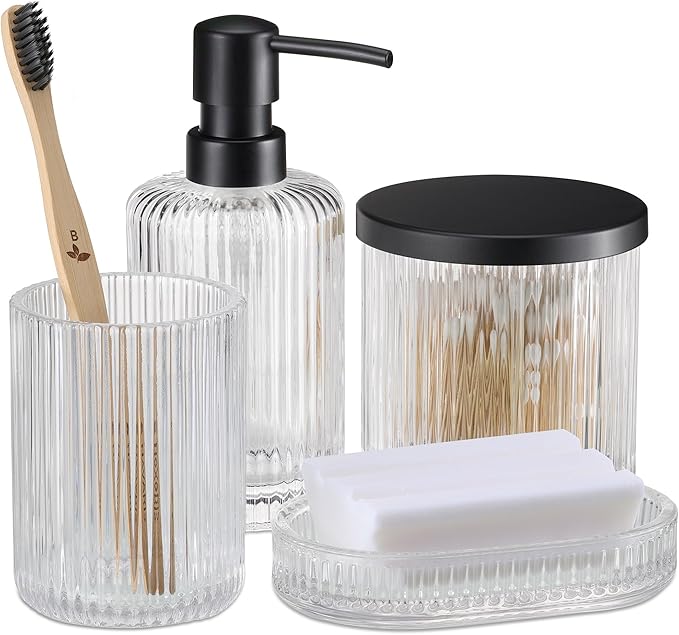 Navaris Glass Bathroom Accessories Set (4 Pieces) - Includes Soap Dispenser, Toothbrush Tumbler, Soap Dish, Cotton Pad Holder - Clear Glass with Black Metal