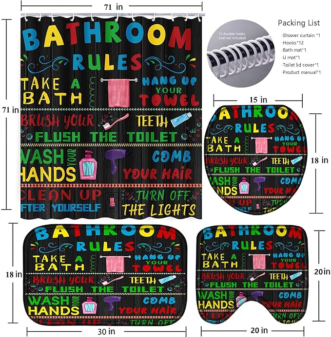 Poedist 4 Pcs Bathroom Shower Curtain Set,Kid's Bathroom Set, Space Shower Curtain Sets with Rugs(Bath Mat,U Shape and Toilet Lid Cover Mat) and 12 Hooks-06
