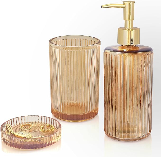 New Hensoar 3 Pcs Brown Bathroom Accessories Set, Glass Bathroom Set Include Soap Dispenser, Toothbrush Holder, Jewelry Tray for Modern Bathroom Decor, Housewarming Gift Set