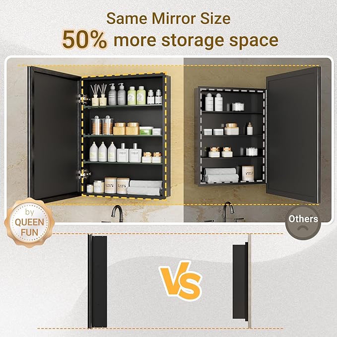 40x30 Pre-Assembled Black Medicine Cabinet with Mirror, Surface or Recessed Medicine Cabinet Mirror for Bathroom, Aluminum Beveled Frame Bathroom Vanity Mirror with Adjustable Shelves Storage