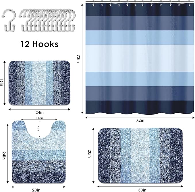 Britimes Navy Blue Stripes Bathroom Sets with Shower Curtain and Rugs, Modern Minimalist Ombre Waterproof Shower Curtain Liner and Soft Non Slip Bath Mat for Bathroom Decor and Accessories Hooks