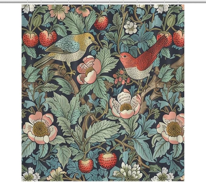 William Morris Shower Curtain,Original Design Strawberry Thief Green Flower Birds Pattern Print Shower Curtains Sets Polyester Waterproof Fabric Decor Bathroom Curtain 72"×72" Inch With 12 Hooks