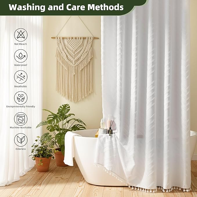 Extra Long White Boho Shower Curtain with Tassel, Woven Fabric 80 in Shower Curtain, Tufted Chevron Striped, 72 x 80, Modern Chic Textured Minimalist Bathroom Shower Curtains