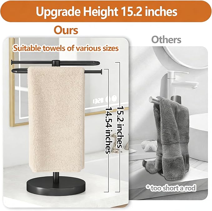 Hand Towel Stand, Stainless Steel Towel Holder for Bathroom Countertop, 15.2 Inch S-Shape Weighted Base Standing Hand Towel Rack Bar Holds 2 Towels for Kitchen Vanity, Black