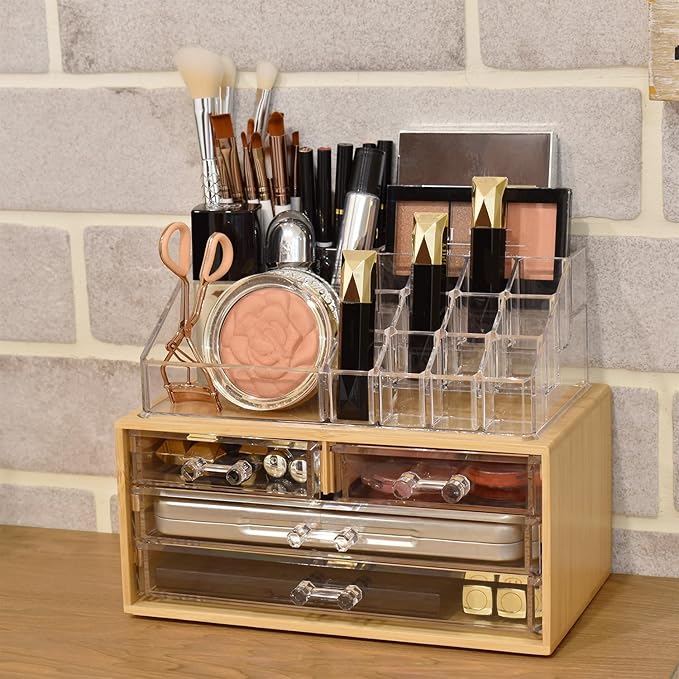 Ikee Design Bamboo Acrylic Makeup Organizer with 4 Drawers and Removable Top Lipstick Holders, Ideal for Make-up or Accessories,Enhance Your Vanity or Bathroom with Clear Design for Quick Visibility