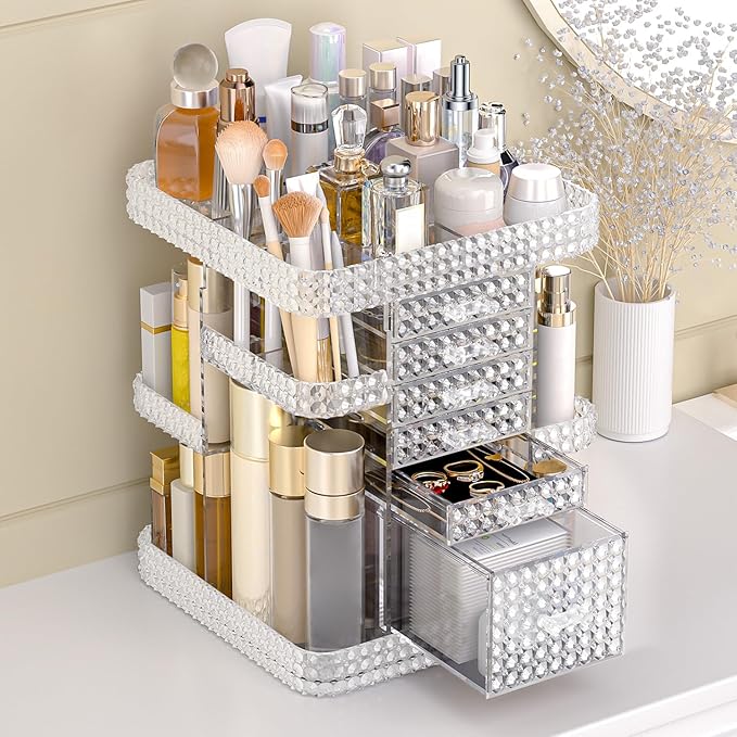360 Rotating Makeup Organizer for Vanity, Large Skin Care Organizer with 6 Drawers Clear Acrylic Cosmetic Organizer Adjustable Spinning Makeup Storage Perfume Organizer for Dresser (Clear)
