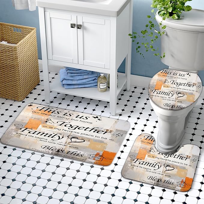 Lnond 4Pcs Bathroom Shower Curtain Sets with Rugs, Orange Grey Motivational Home Family Bathroom Sets with Shower Curtain and Rugs and Accessories