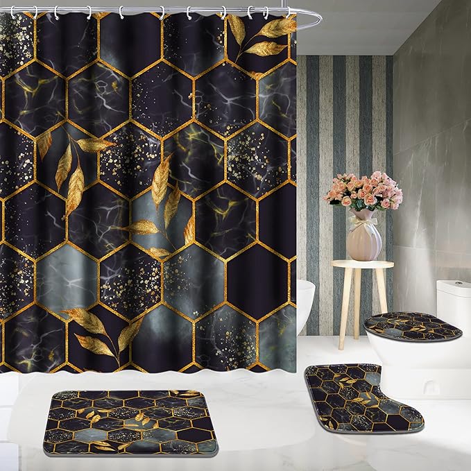 Poedist 4 Pcs Bathroom Shower Curtain Set,Bathroom Sets with Rugs(Bath Mat,U Shape and Toilet Lid Cover Mat) and 12 Hooks,Honeycomb Marble Grey Black
