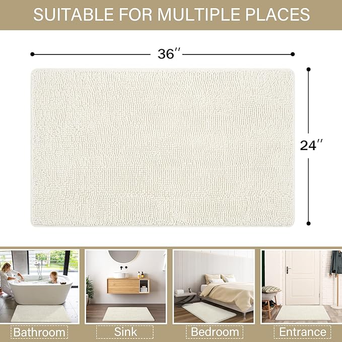 LOCHAS Luxury Bathroom Rug Shaggy Bath Mat 24 x 36 Inch, Washable Non Slip Bath Rugs for Bathroom Shower, Soft Plush Chenille Absorbent Carpets Mats, Cream White