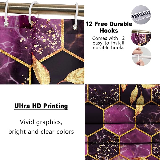 Poedist 4 Pcs Bathroom Shower Curtain Set,Purple Honeycomb Marble Bathroom Sets with Rugs(Bath Mat,U Shape and Toilet Lid Cover Mat) and 12 Durable Hooks