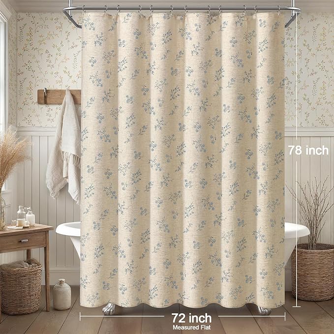 Blue Floral Vintage Linen Shower Curtain, French Country Shower Curtains for Bathroom, 72Wx78H