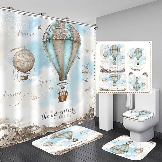 jieprom 4 Piece Sky Blue Shower Curtain Set with Rugs, Vintage Map & Hot Air Balloon Art, Scenic Adventure Aesthetic Bathroom Decor, Waterproof Fabric with Non-Slip Mats, Waterproof Fabric