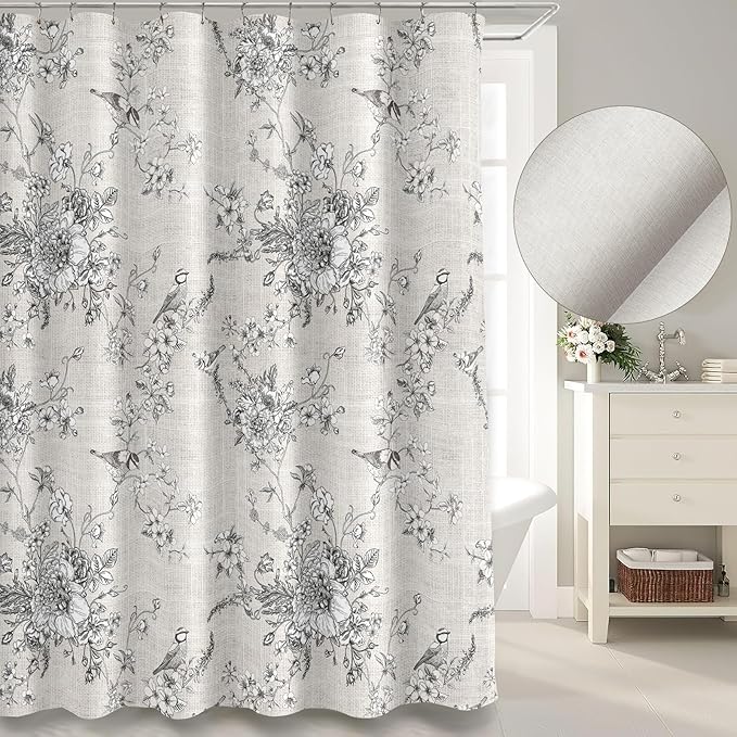 MUGINYU Black Vintage Floral Linen Shower Curtain - Bird & Leaf Print Pattern Farmhouse Rustic Toile Shower Curtains for Bathroom - French Country Bathroom Decor,72x72 Bath Curtain