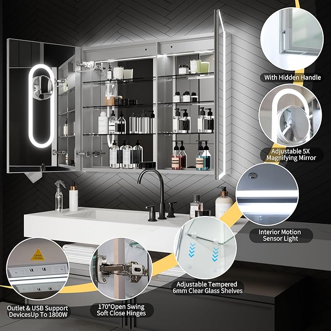 ExBrite 40 x 32 Lighted Medicine Cabinet with Mirror, Front&Backlit led Medicine Cabinet,Clock Temp Display,Defog,5X Magnifier,3 Colors Temper Dimmable,Surface or Recessed Mount,Door Wide Open