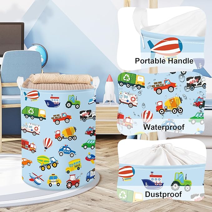 Clastyle Large Construction Truck Kid Laundry Hamper with Handle Boy Bedroom Bathroom Nursery Collapsible Clothes Toy Storage Basket with Lid, Blue, 36x45 cm