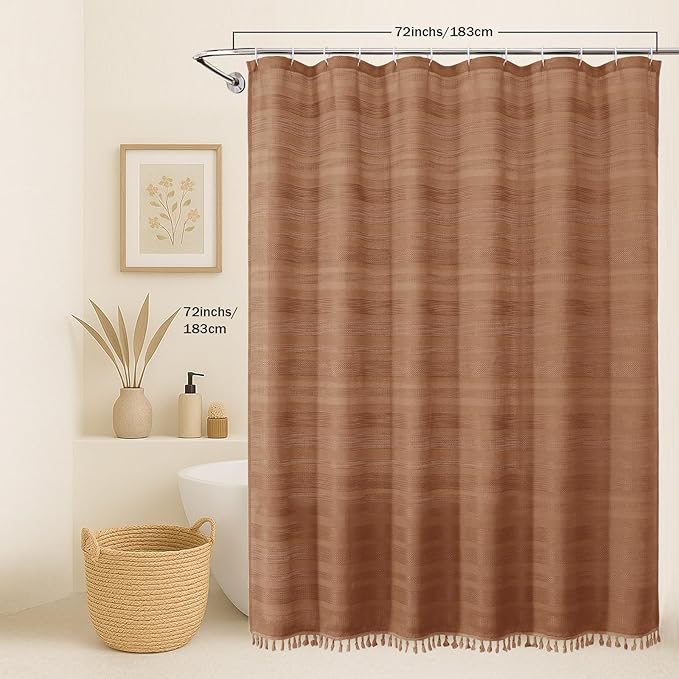 OVZME Terracotta Shower Curtain for Bathroom - Farmhouse Linen Textured Shower Curtain with Tassel, Rustic Striped Heavy Duty Vintage Country Bathroom Curtain, 72Wx72L Inches
