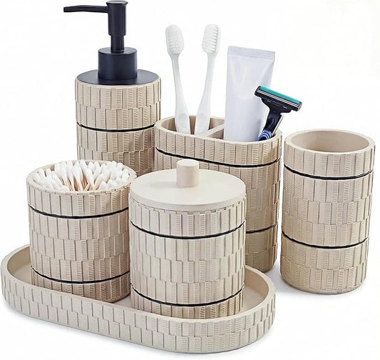 Bathroom Accessory Set, 6 Piece Bathroom Essentials Sets Accessories, Soap Dispenser Set, Toothbrush Holder, Vanity Tray, Tumbler, Cotton Swab Jars, Decor Organizer for Modern Bathrooms(Beige)