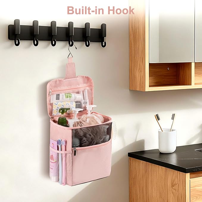Mesh Shower Caddy Hanging Portable, Bathroom Caddy Organizer for College Dorm Essentials, Shower Tote Bag with Built-in Hook for Beach, Swimming, Gym camping (Pink)