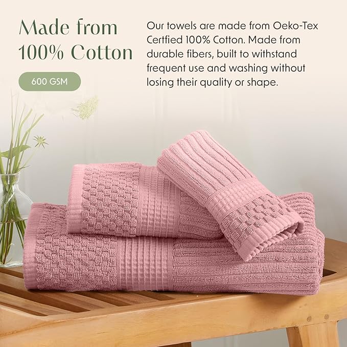 Springtree Home 100% Cotton Bath Towel Set of 4 | Super Soft & Absorbent with Quick-Dry Fibers | 4 Bath Towels | Textured and Durable Cotton | Krista Collection - Bridal Rose