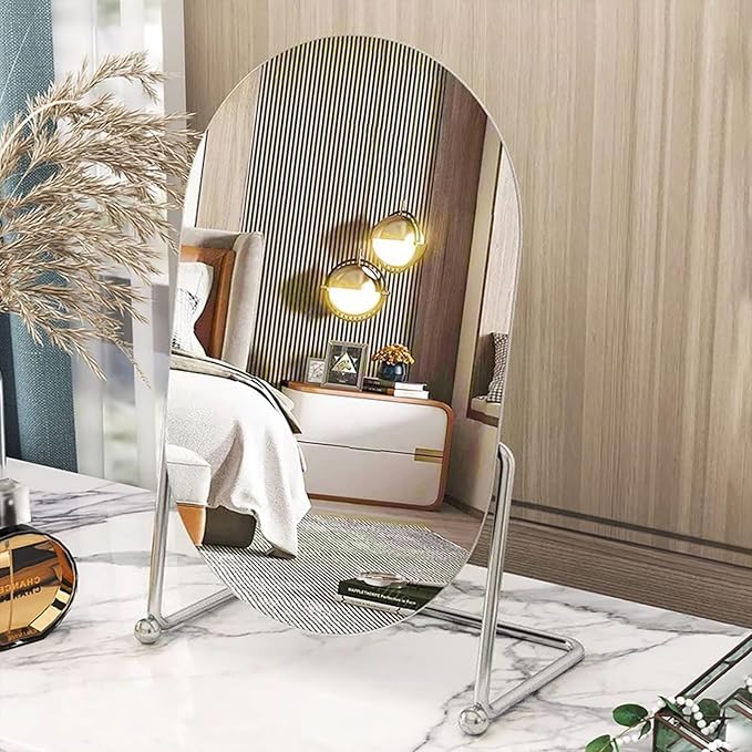 Vanity Desk Table Mirror with Stand Makeup Mirrors for Desk, Adjustable Rotation Vintage Oval Tabletop Silver Make Up Bathroom Mirror for Women