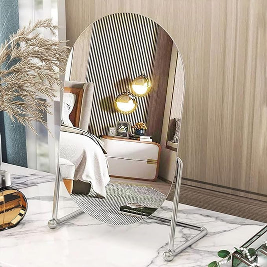 Vanity Desk Table Mirror with Stand Makeup Mirrors for Desk, Adjustable Rotation Vintage Oval Tabletop Silver Make Up Bathroom Mirror for Women