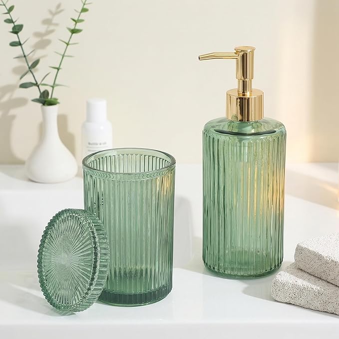 3 Pcs Green Bathroom Accessories Set, Glass Bathroom Set, Soap Dispenser, Toothbrush Holder, Jewelry Tray, Modern Bathroom Decor, Housewarming Gift Set
