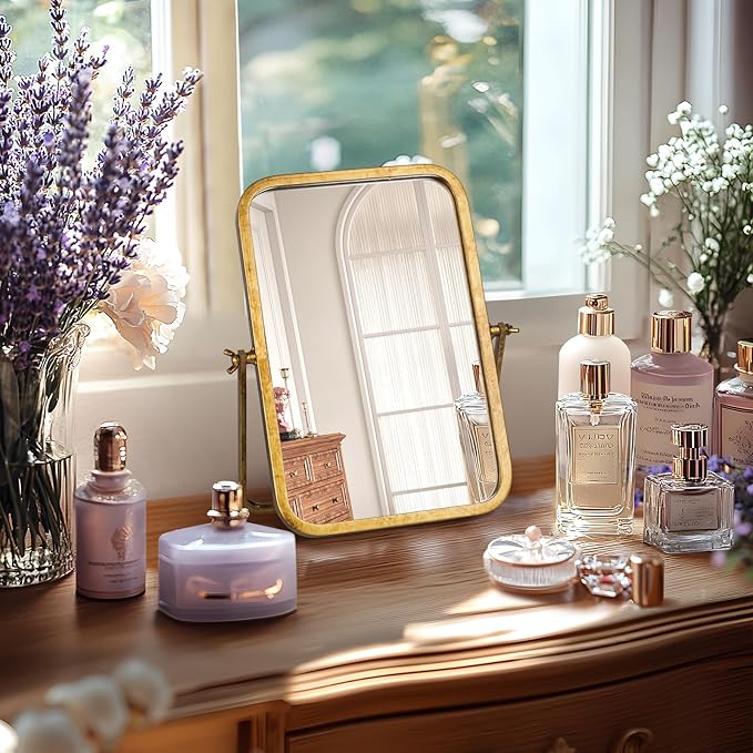 Vintage Makeup Desk Mirror, 12" L x 7.9" W Antique Gold Vanity Table Mirror, Metal Framed Rectangular Small Standing Mirrors, 360 Adjustable Rotation Mirrors for Tabletop, Bathroom
