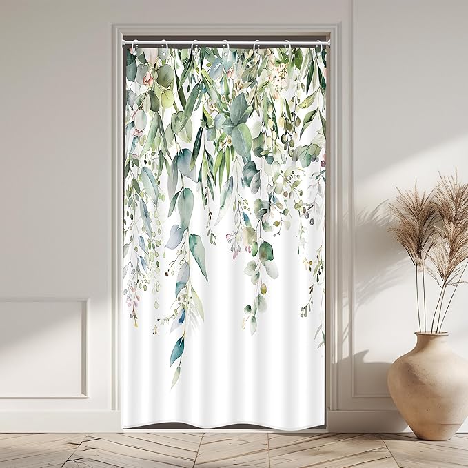 Riyidecor Small Stall RV Eucalyptus Shower Curtain for Bathroom Decor 36Wx72H Single Half Narrow Green Leaves Plants Watercolor Botanical Art Printed Fabric Polyester Waterproof 7 Pack Plastic