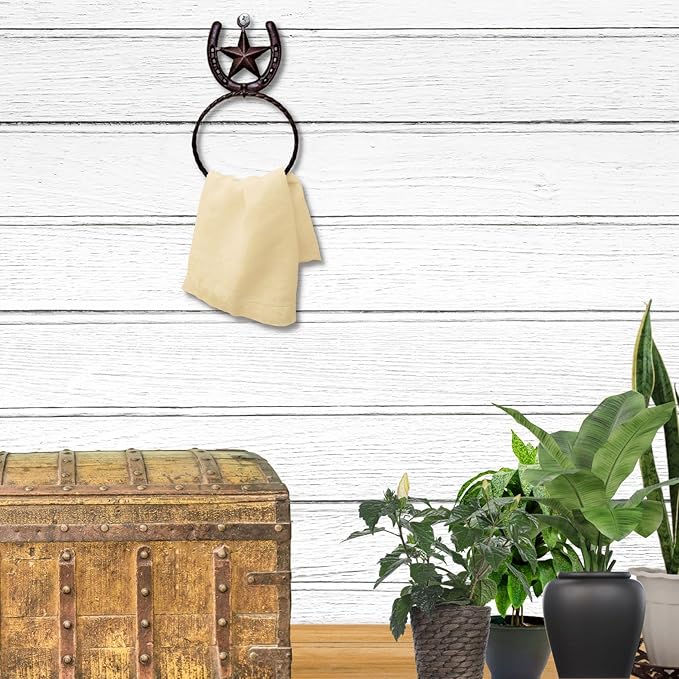 Rustic Metal Horseshoe with Star Towel Ring for Western Bath D??cor