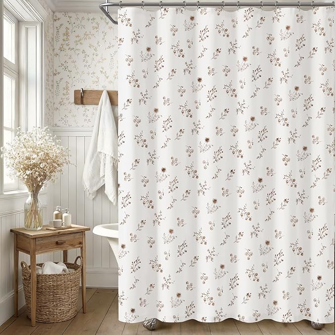 Brown Floral Farmhouse Vintage Cotton Shower Curtain, French Country Shower Curtains for Bathroom, 72Wx72H