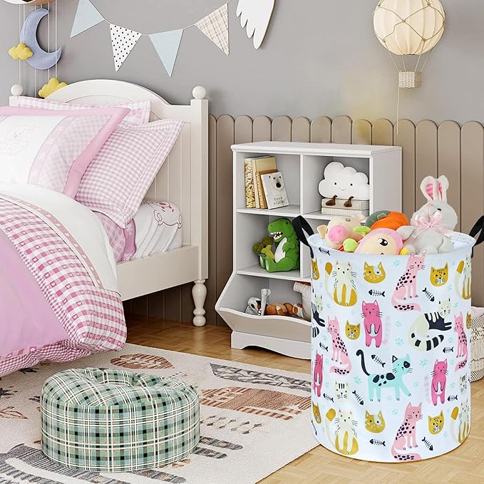 Round Cat Laundry Hamper Storage Basket Laundry Organizer Hamper Storage Bins Clothes Box Nursery Hamper Gift Basket with Handles