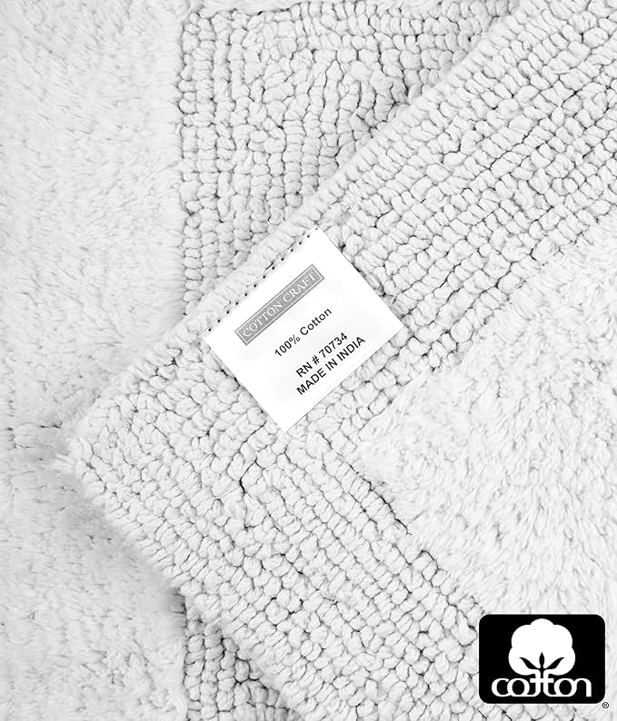 Cotton Craft 2 Piece Reversible Step Out Bath Mat Rug Set 17x24 White, 100% Pure Cotton, Super Soft, Plush & Absorbent, Hand Tufted Heavy Weight Construction, Full Reversible, Rug Pad Recommended