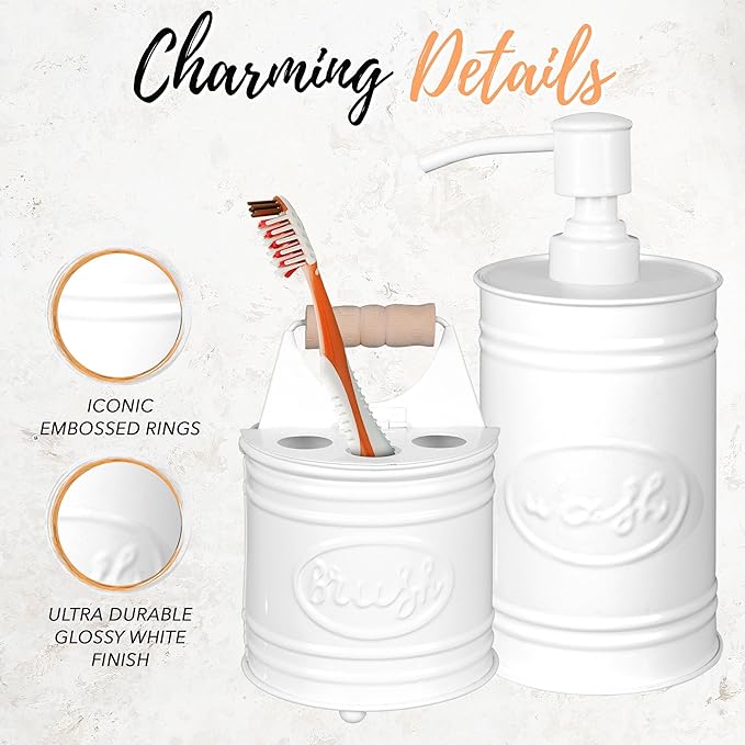 Autumn Alley Kids Bathroom Accessories Set – 2-Piece White Soap Dispenser & Toothbrush Holder, Farmhouse Bathroom Countertop Organizer for Kids, Durable Metal Bathroom Set with Wood Handle