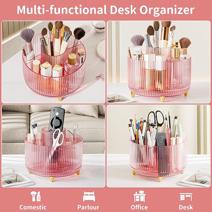 Clear Rotating Makeup Organizer Countertop for Vanity, 360?? Makeup Brush Holder Organizer with 5 Compartments, Transparent Cosmetic Storage for Lipstick, Skincare, Bathroom Counter (Transparent Pink)