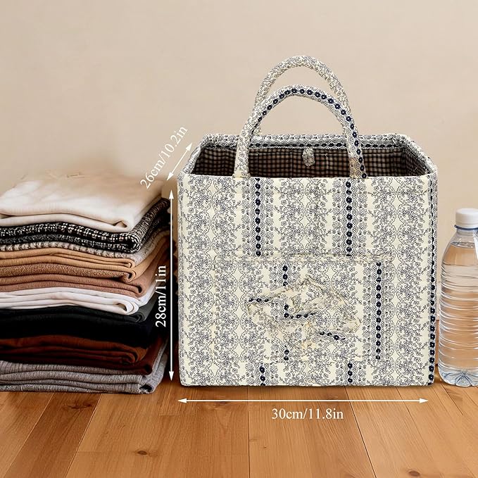 Quilted Fabric Basket Car Storage Basket Boho Floral Laundry Hamper for Nursery Bedroom & Living Room | Organize Clothes Toys