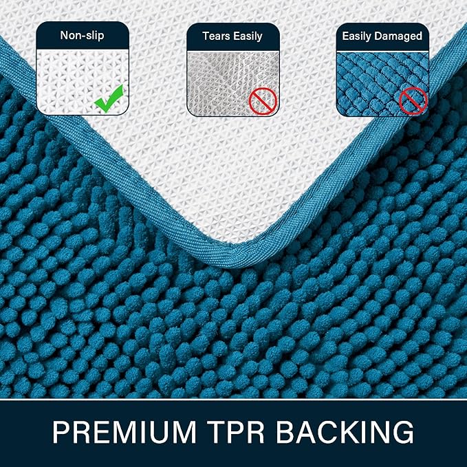 LOCHAS Luxury Bathroom Rug Shaggy Bath Mat 24 x 60 Inch, Washable Non Slip Bath Rugs for Bathroom Shower, Soft Plush Chenille Absorbent Carpets Mats, Peacock Blue