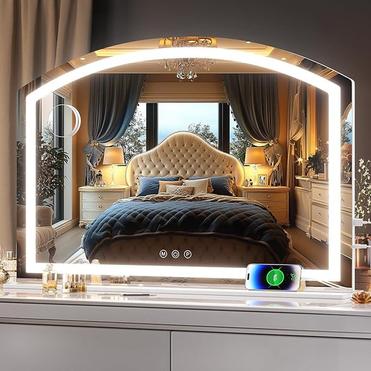 Hasipu Arch Vanity Mirror with Light, 36” x 24" Arched Led Makeup Mirror with 10X Magnification with USB Charging Port, Dimmable 3 Colors Mode