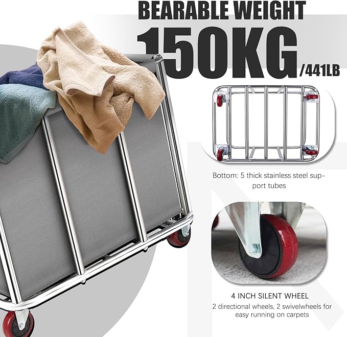 Commercial Laundry Cart with Wheels, 400L Large Rolling Laundry Cart with Steel Frame and Oxford Cloth, Heavy Duty Industrial Laundry Cart for Home,Hotel,Laundry Room, 441 lbs Load (Gray-8)