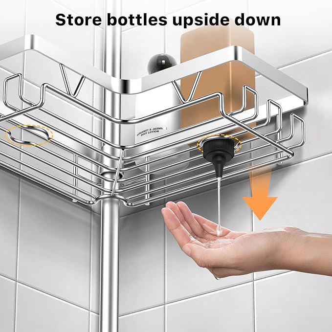 KEGII Shower Caddy Corner Tension Pole - Adjustable Corner Shower Organizer with Tooth Brush Holder, No Drilling Rustproof Bathroom Shelf Storage Rack, Fits 25-114.2 Inch, Silver