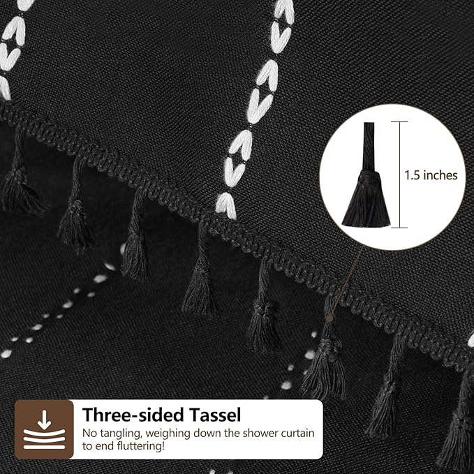 72 x 84 inch Extra Long Boho Chic Shower Curtain Heavyweight with Tassels, Black and White Linen Textured Fabric Farmhouse Shower Curtain, Elegant White Striped Bathroom Curtain Water Repellent