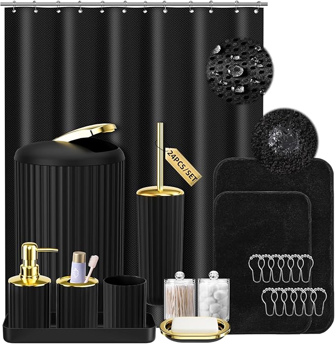 Black and Gold Bathroom Set with Shower Curtain and Rugs, Bathroom Accessories Sets with Extra Soft and Absorbent Bath Rugs Shower Curtain Black Bathroom Sets for Bath