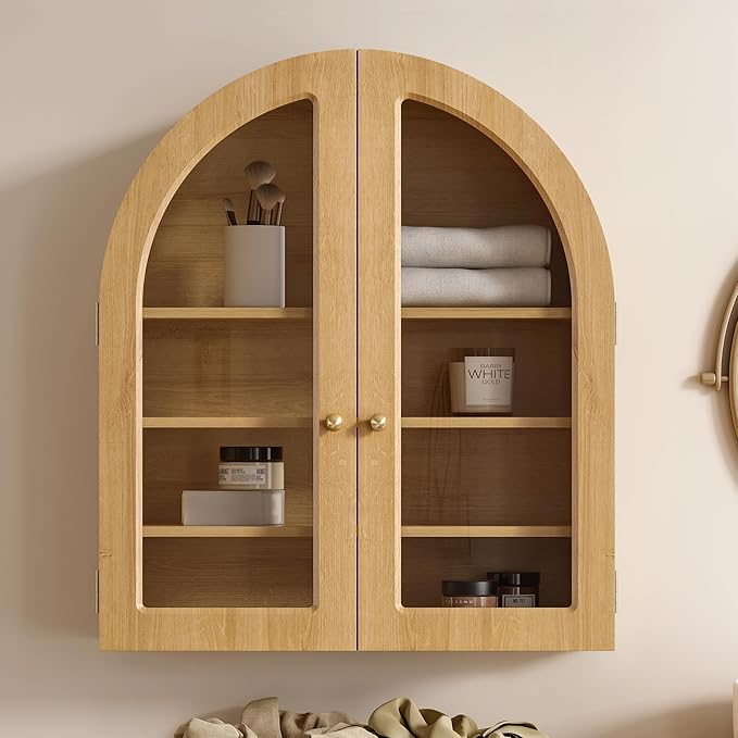 EYYTHUNG Modern Arched Wall Cabinet, Large Bathroom Medicine Wall Mounted Cupboard, Farmhouse Floating Storage Cabinet with Acrylic Door Adjustable Shelf, Wood Organizer (Natural Oak)